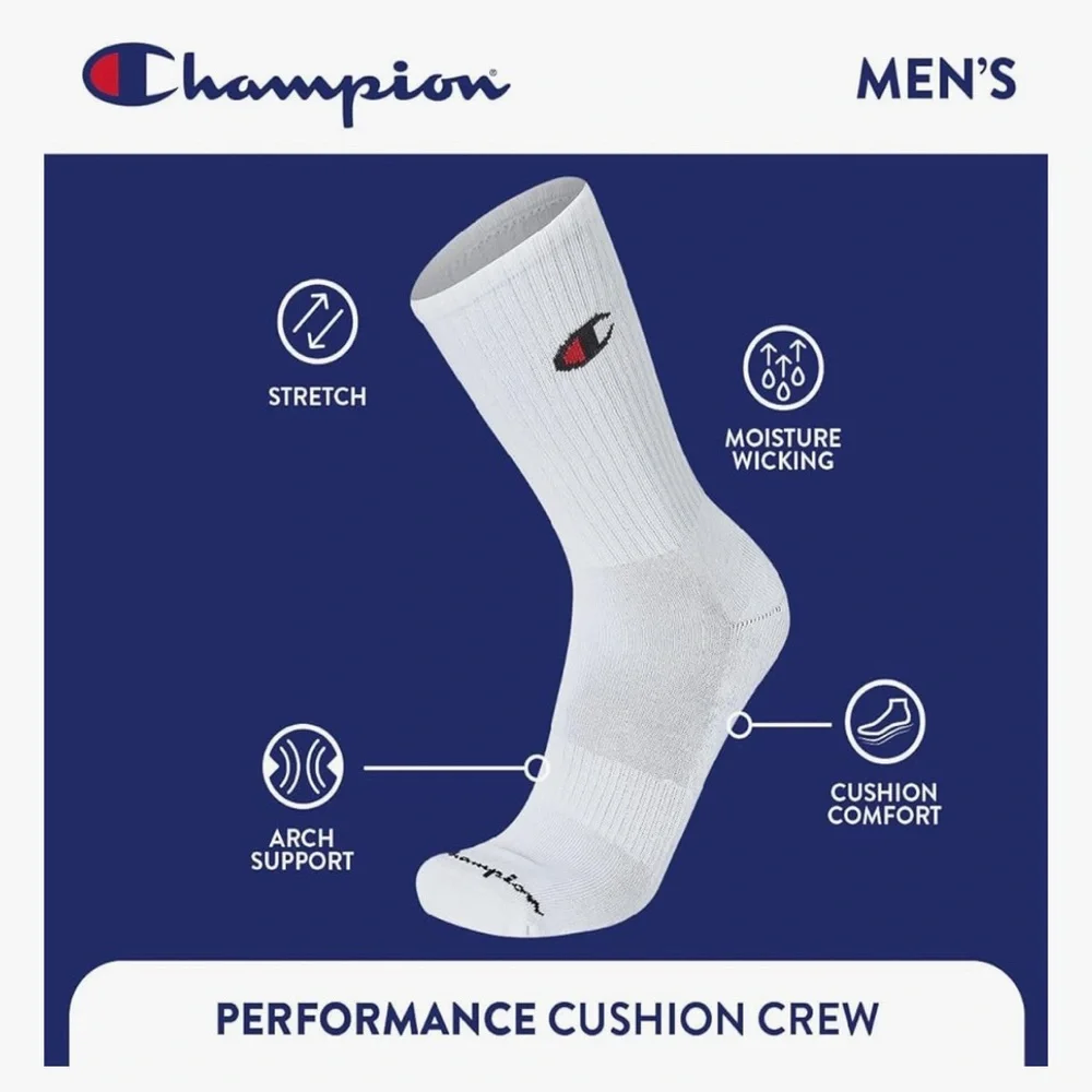 NEW Champion Men’s Performance Cushion Crew Socks 5 Pairs White Black Gray